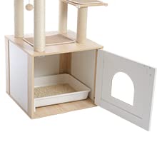 PAWZ Road Modern Cat Tree Wooden Cat Tower with Storage Cabinet Cat Bathroom Enclosure and Spacious Cat House Large upper perching platform and hammock Beige