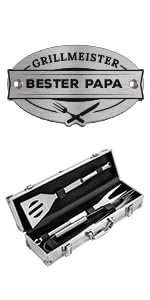 AMAVEL stainless steel BBQ set with utensils and engraving "Grillmaster & Best Dad", spatula, fork, and tongs, Father's Day gifts, gifts for men.