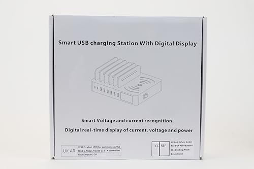 Wireless charging station for multiple devices with 8 ports. Comes with 8 short cables. QC3.0 fast USB charger compatible with iPhone, iPad, Samsung smartphones.