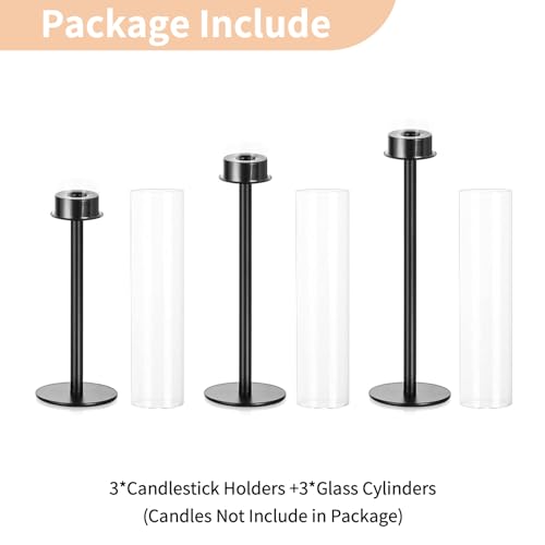 Nuptio glass cylinder candle holder black: 60 & 55 & 50cm clear glass metal candlestick pillar candle holder large baseless cylinder shade wedding table centerpiece