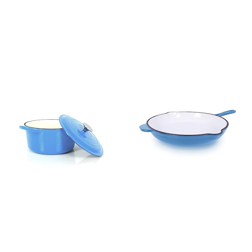 Enameled cast iron stew pot, enameled cast iron skillet, light blue.