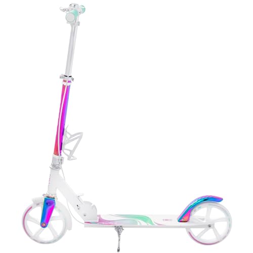 Raven Scooter Kick Scooter for Kids Adults | foldable | adjustable height | carrying strap | bell | bottle holder (Celia White with handbrake, 200mm)
