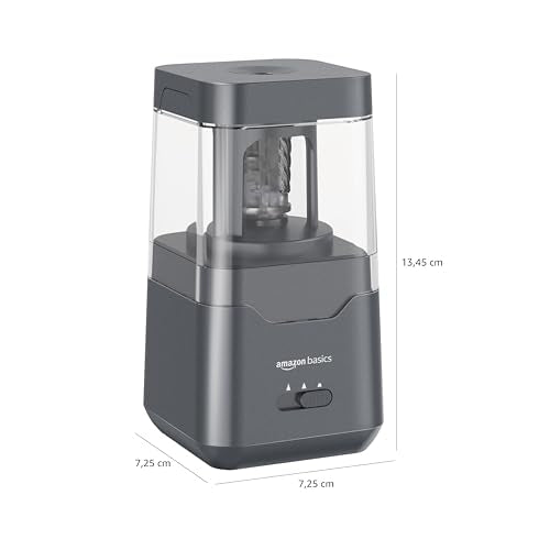 Amazon Basics Portable Electric Pencil Sharpener, spiral blade, automatic stop, battery/USB-powered, Black, 7.1 x 7.1 x 13.46 cm