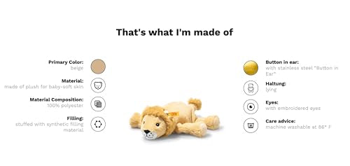 Steiff Liam Lion 20 cm, Soft Cuddly Friends, cuddly toy lion, fluffy stuffed animal for playing & cuddling, made of cuddly soft plush for baby's gentle skin, machine washable