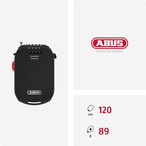 ABUS Special Lock Combiflex 2503/120 - Suitable for securing luggage, skis, helmets - 120 cm steel cable - with combination lock - Black