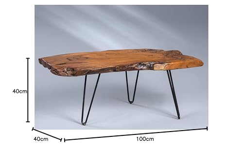 M2 Collection Tallus Coffee Table - Solid teak wood, 100 x 40 x 40 cm I Natural finish I Black metal legs I Unique piece, Brown.