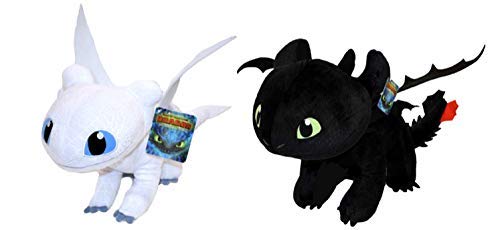 HTTYD How to Train Your Dragon - Dragons - Pack 2 Plush Light Fury white + Toothless black - Super soft quality 11.80"/30cm (40cm including tail)