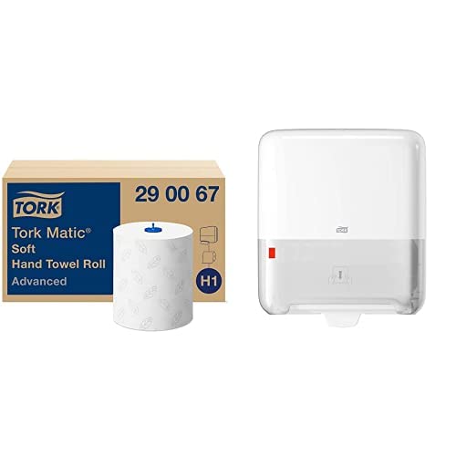 Tork Matic Roll Towel Advanced 290067 - H1 for roll towel dispenser, soft, 2-ply, white & Tork Matic Roll Towel Dispenser 551000 - H1 roll towel dispenser, single sheet dispensing, white.