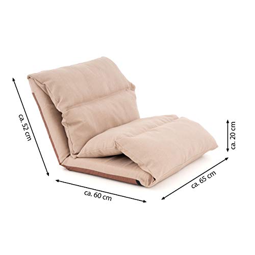 Nexos Trading Floor Chair with Cushion - foldable washable adjustable backrest Sleep function - 52x65x60 cm khaki