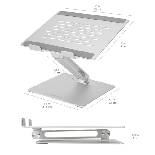 Amazon Basics Adjustable Ergonomic Laptop Stand with Heat Dissipation, continuous height and angle adjustment, ideal for laptops up to 17.3 inches, 27.9 x 23 x 5.6 cm, Silver