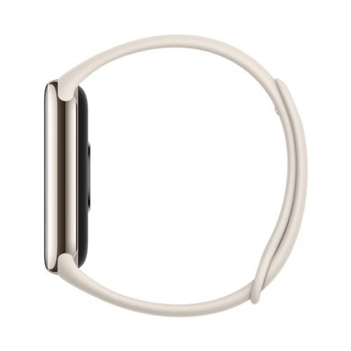 XIAOMI Smart Band 8 Fitness Tracker features a 1.62 Inch AMOLED Display, 16 Days Battery Life, 5ATM water resistance, SpO2 Tracking, Sleep and Pulse Monitoring, 150+ Training Modes, and Pedometer in Champagne Gold color.