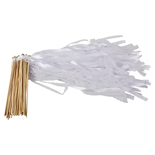 50 pcs Wedding Wands, Wedding Wand Ribbon Wands with Bell, Silk Fairy Stick, Wedding Wands for Parties, Holidays, Celebrations, White