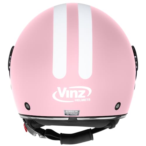 VINZ Parchi Jet Helmet with Dual Visor | Scooter Helmet Fashion with Stripes | Available in sizes XS-XXL | Jet Helmet with Sun Visor | ECE 22.06 Certified | Motorcycle Helmet with Visor - Pink