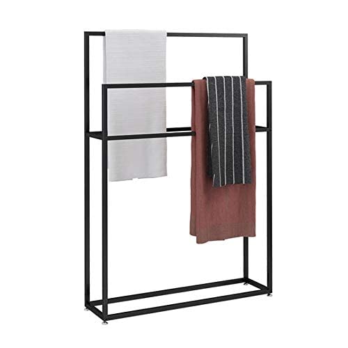 WING freestanding towel rack in metal, standing black bathroom towel holder with 3 towel bars, bath accessory and clothes valet, 65×20×110cm(L×W×H)