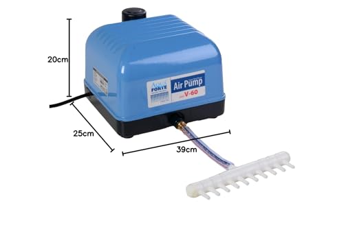 AquaForte Hi-Flow V-60 Air Pump Set, complete with air distributors, 50 m hose 4 x 6 mm, and 10 air stones 5 cm. Capacity at 2 meters 40 liters per minute. Maximum pond size 36 m3.