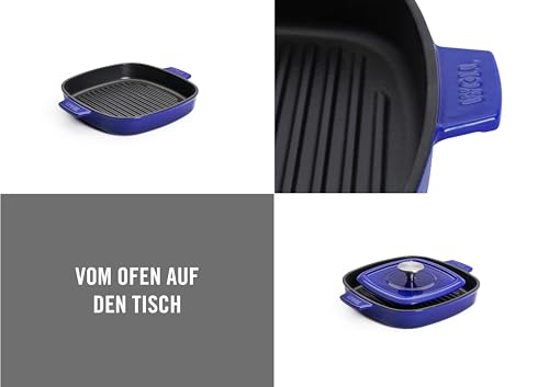 Woll Iron Cast Iron Square Grill Pan with Ridges, including steak press and silicone handles - Induction -, 24 x 24 cm, 4.5 cm high - Suitable for all stove types, oven-safe up to 250°, blue.