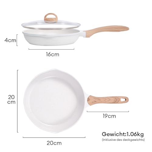 JEETEE Aluminum Frying Pan 20 cm Glass Lid, Pan with Non-Stick Coating, Induction Gas Electric Oven, Coated Frying Pans, Induction Pan with Handle, frying & cooking, PFOA-free (beige)