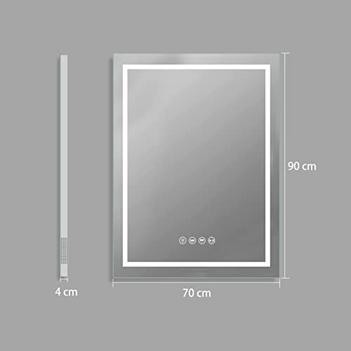Sanitemodar LED bathroom mirror with Bluetooth 70x90cm, fog-free bathroom mirror with lighting, wall mirror with three-colored lights, touch switch