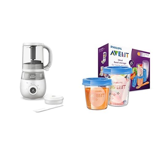 Philips Avent 4-in-1 Baby Food Maker SCF883/01 comes with a 20-pack storage containers for baby food and spoons.
