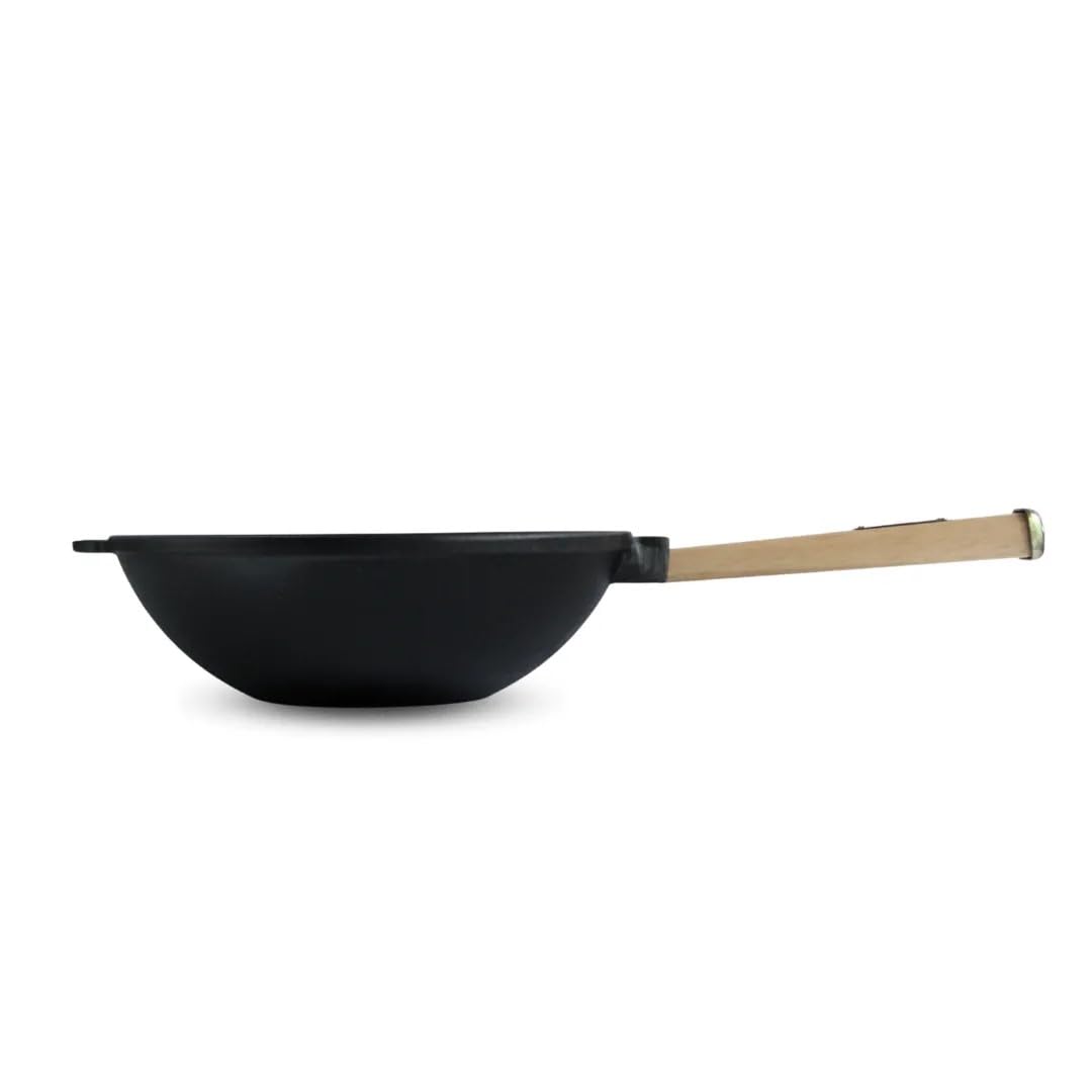 4BIG.fun Wok pan with wooden handle 24 cm made of cast iron Wok 2.2 L Outdoor frying pan Camping grill pan Cooking utensils Cast Iron Wok pan Cast Iron pan Induction
