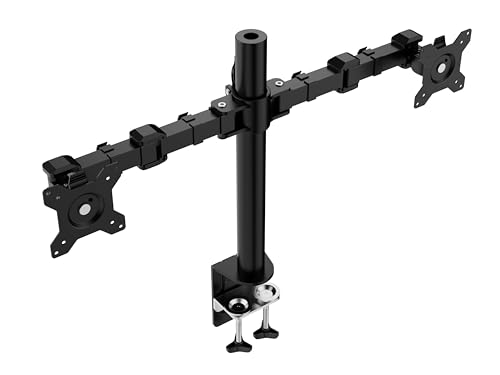 Amazon Basics dual monitor stand with adjustable height, screen tilt, and cable organizer. 360-degree rotation, steel construction, black, 33 to 76 cm.