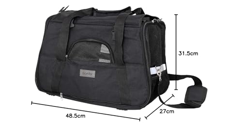 lionto foldable dog carrier for travel with handles & shoulder strap, 48.5x27x31.5 cm, made of durable Oxford fabric & mesh, cat carrier with soft cushion for plane, black