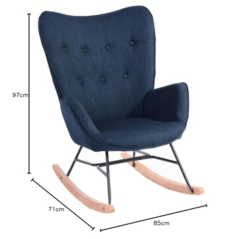 Cosy armchair rocking chair with armrests and padded seat for living room, bedroom, balcony. Supports up to 120 kg. Dark blue fabric and wooden rockers.