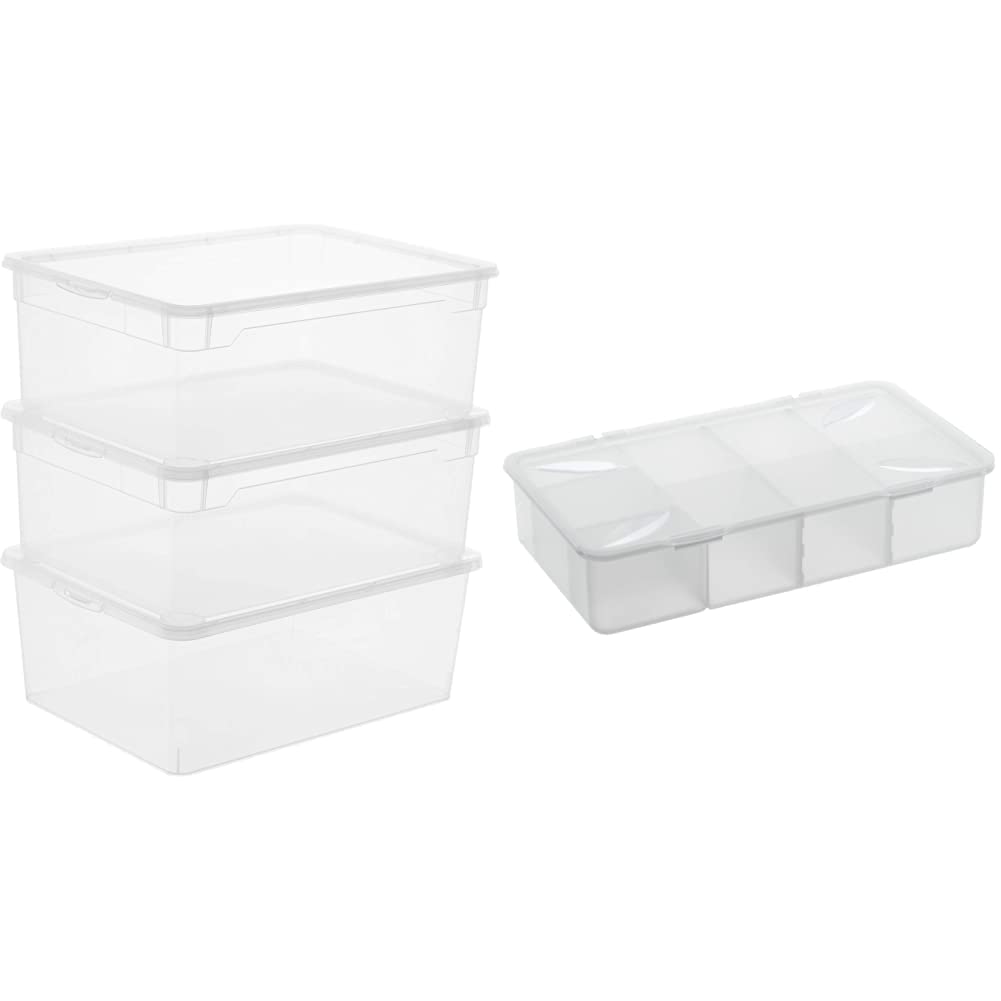 Rotho Clear 3-piece storage box set 10l with lid, plastic (PP), 3 x 10l & Snappy storage box 3l with compartments and lid, plastic (PP) BPA-free, transparent, 3l (33 x 19 x 7.6 cm)