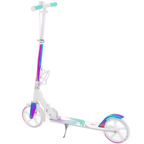 Raven Scooter Kick Scooter for Kids Adults | foldable | adjustable height | carrying strap | bell | bottle holder (Celia White with handbrake, 200mm)