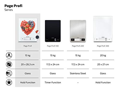 Soehnle Page Profi Fruit Hearts, digital kitchen scale for up to 15 kg with add-weight function, practical household scale with sensor touch, electronic scale including batteries, extra-large weighing surface.