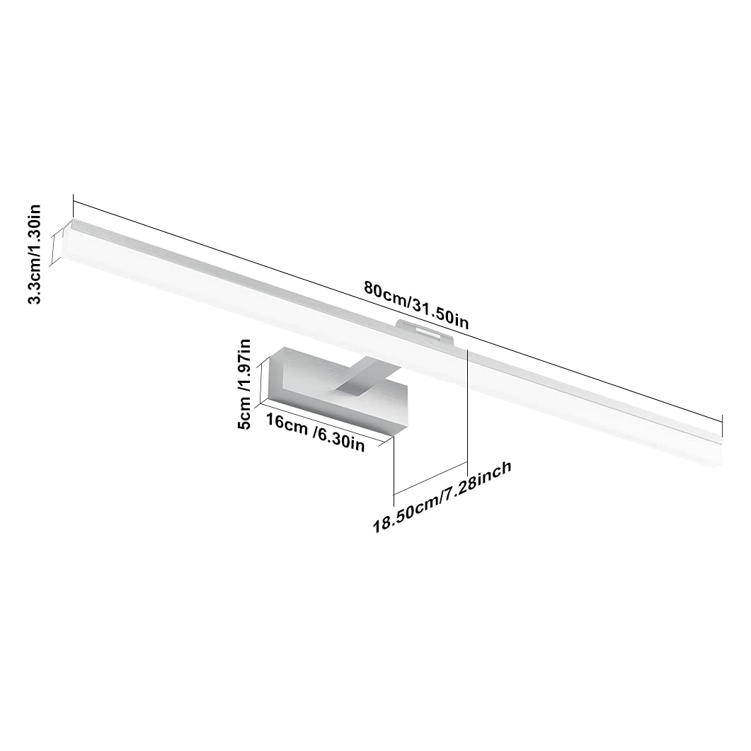 Klighten LED mirror light bathroom 24W 1170LM Cool White 6000K, 180° rotation, IP44 waterproof mirror lamp, non-dimmable bathroom light wall lighting 80CM (Silver)