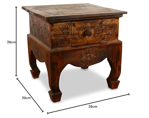 livasia Opium table with drawer - 40x40x40cm - Hand-carved wooden side table from Bali, adds Asian charm as a wooden table to your home (Brown)