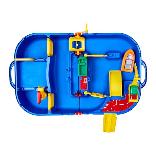 AquaPlay - LockBox - Waterway as a carrying case with 27 pieces, game set including 1 Hippo Wilma, amphibious car, and container boat, for children aged 3 and up, 8700001516, Blue