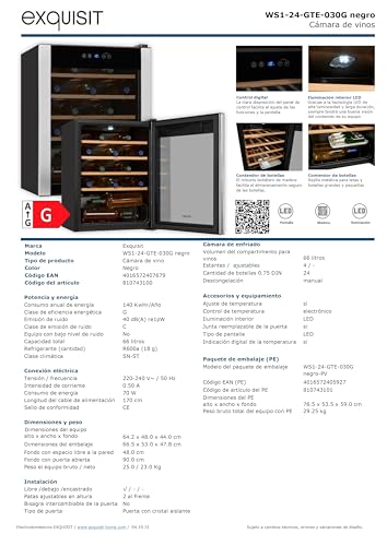 Exquisite wine cooler WS1-24-GTE-030G black | 66 l capacity | Black | Wine | Cooling | Wooden shelves | Display | LED light