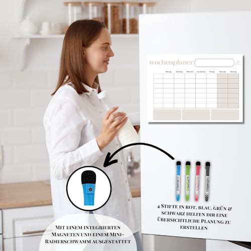 Organizely Magnetic Weekly Planner | Whiteboard for Fridge | Erasable Board for Organization | Includes 4 Markers & 10 Magnetic Wood Icons (Beech)