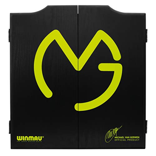 WINMAU MvG Mighty Mike Dart Cabinet Set includes bristle dartboard, 2 sets of darts, and accessories, L, Black.