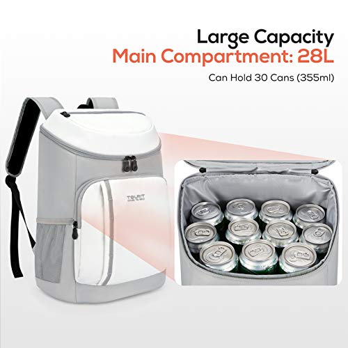 Tourit cooler backpack for 30 cans, lightweight, insulated, leakproof, soft cooler bag, large capacity, men and women, picnics, camping, hiking, beach, park, or day trips, light gray white.