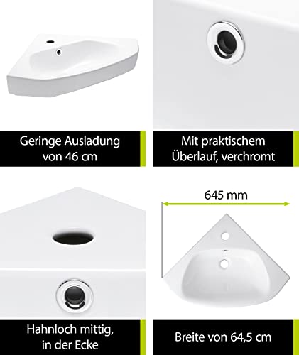 aquaSu® Corner hand washbasin Utha 46 cm | Corner washbasin with overflow and tap hole | Wall-hung corner washbasin | 46 x 47 cm | White ceramic | 56217 1