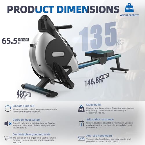 Neezee rowing machine with 16-level magnetic resistance, super quiet rowing machine with LCD display, aluminum slide rail and tablet holder, upgraded home rowing machine, black.