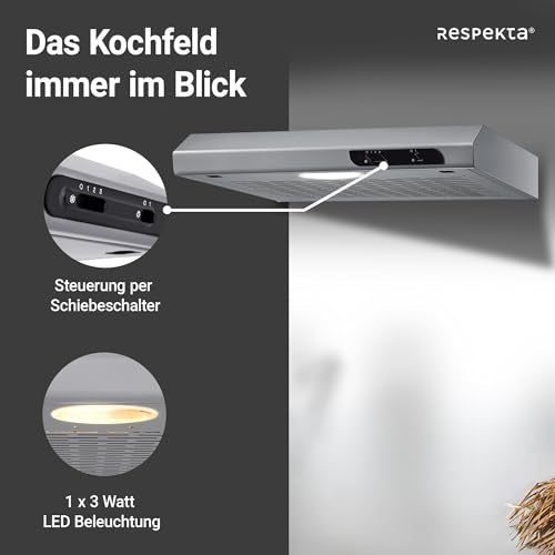 Respekta under-cabinet range hood 50 cm in stainless steel look, with exhaust and recirculating function. DH540IXL, C class, 52-68 dB.