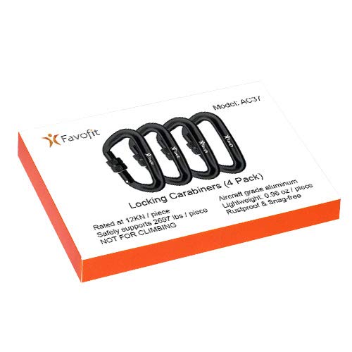 Favofit Locking Carabiner Clips, 4 pieces, rated at 12 kN (each 1223 kg), sturdy carabiner hooks for camping, hiking, outdoor & gym etc., small carabiners (Black)