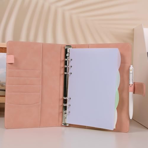SKYDYE A5 ring binder, refillable A5 ring binder, 135 sheets of A5 refill paper, A5 notebook with binder pockets, A5 binder for school notes and travel diaries (pink)