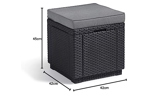 Allibert by Keter Cube Ottoman with Storage, grey, includes cushion, removable lid, flat rattan look, weatherproof, 42x42x39cm