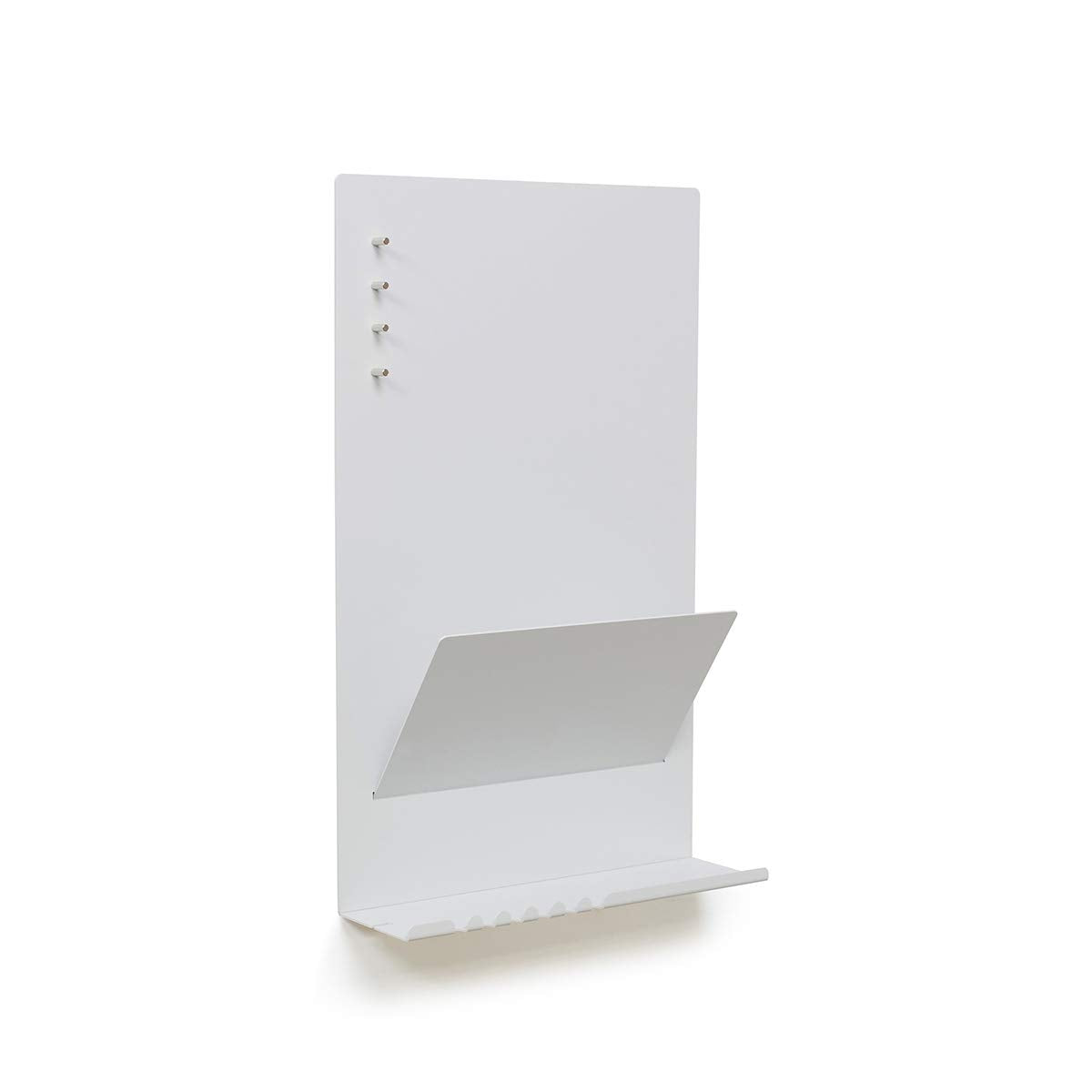 Offering wall organizer shelf made of steel structure. 30 x 9 x 49 cm 3-in-1 wall shelf with magnetic board and magnets. Board for keys, newspapers, and notes. Gray color.