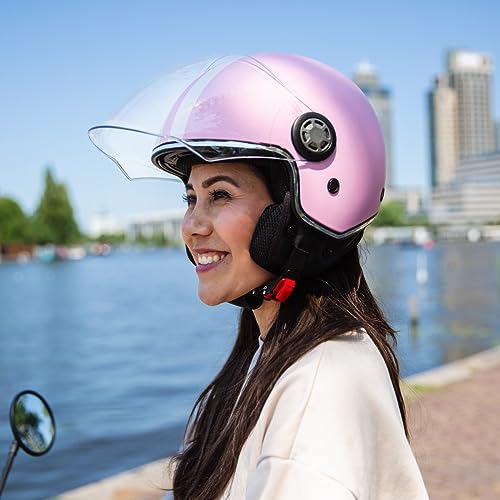 VINZ Parchi Jet Helmet with Dual Visor | Scooter Helmet Fashion with Stripes | Available in sizes XS-XXL | Jet Helmet with Sun Visor | ECE 22.06 Certified | Motorcycle Helmet with Visor - Pink