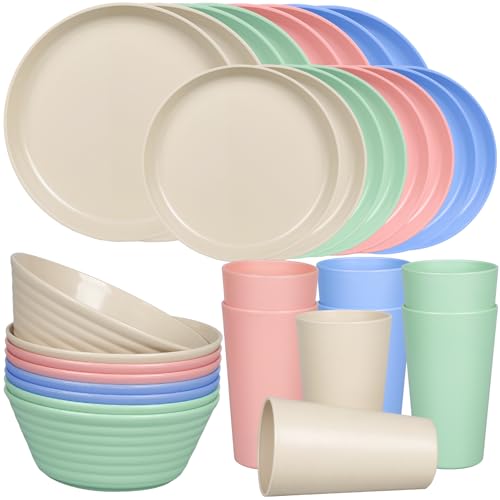 Greentainer plastic dinnerware sets (32pcs) | Lightweight and Unbreakable Camping Dish Set, Plates, Bowls, Cups, Tableware for 8 people, Ideal for Kids & Adults
