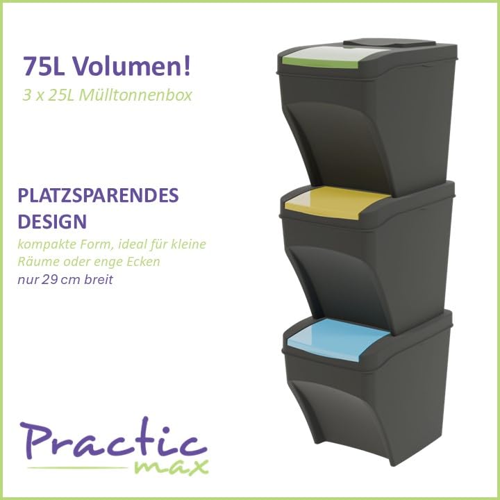 Practice 3 x 25L Kitchen Trash Can Stackable Box 3 Compartments - Trash Bin Box 3 pieces - Kitchen Trash Can with Lid