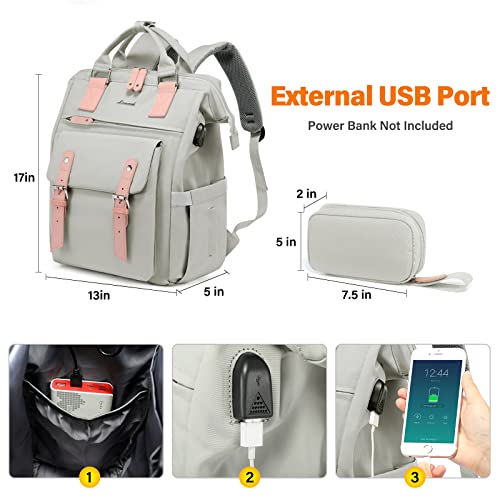 LOVEVOOK Women's Backpack Large, Laptop School Backpack for Girls Teens 17 Inch with Data Cable Bag & USB Charging Port, Waterproof School Bag Backpack for College Office Business Travel Gray