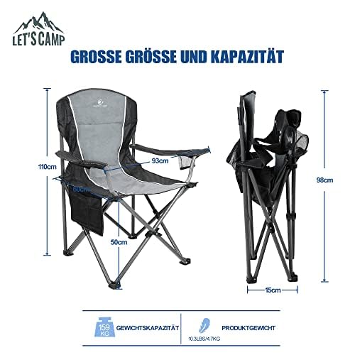 LET'S CAMP Camping Chair Folding Chair Portable Fishing Chair with Drink Holders Storage Pockets Carry Bag Steel Frame up to 160kg for Camping Travel