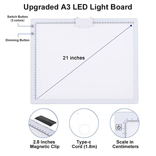 A3 Light Box, LED Light Pad 3000-6500K Dimmable, 2500mAh Rechargeable Lightboard for Diamond Painting, Drawing, Painting, Animation, Sketching, with Stand